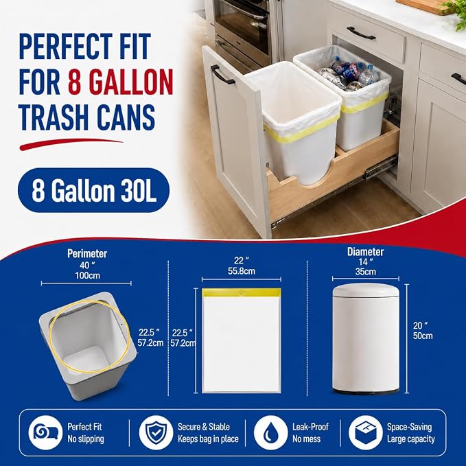 8 Gallon 100 Count Drawstring Garbage Bags, heavy duty Medium Trash Bags, Coreless Roll, Tear-Resistant Unscented for Kitchen & Household & Office.