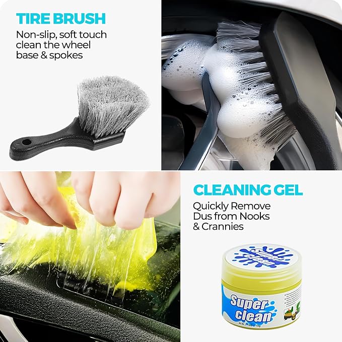 ALFLOD 30Pcs Car Detailing Kit for Interior, Exterior and Wheel Cleaning | Brushes, Towels, Wash Mitt, Cleaning Gel, Detail Brushes And Extendable‑Handle Duster For Vehicle, Home And Office Care Tasks