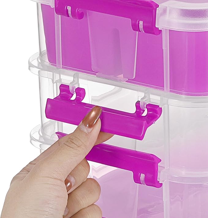 JUXYES 4-Tiers Plastic Stack Carry Storage Containers Box wih Handle Lids | Clear Stackable Latching Storage Bin With 2 Tray for School Office, Organizing Sewing, Art Craft, DIY Supplies, Purple