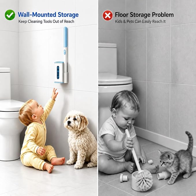 RV Toilet Brush, Disposable Toilet Bowl Cleaner Wand, 32 Cleaner Refills | Wall-Mounted, Compact Design, RV Accessories, Hands Free Toilet Brush, for RV Travel Trailers and Campers and Small Bathroom