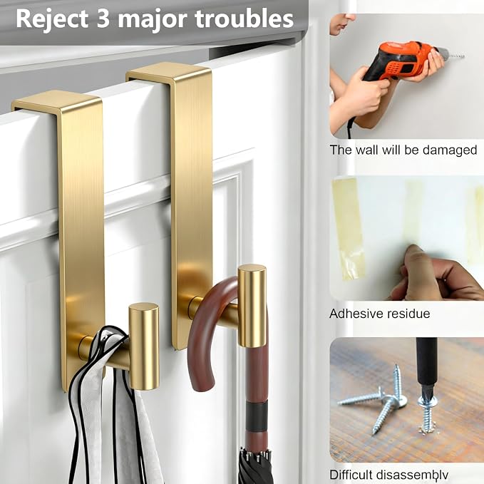 PMMASTO 7.5 Inch Over The Door Hooks, Gold- 2 Pack, T Shape | Stainless Steel Door Hooks Organize Coats Towels Robes in Bathrooms Bedrooms Closets