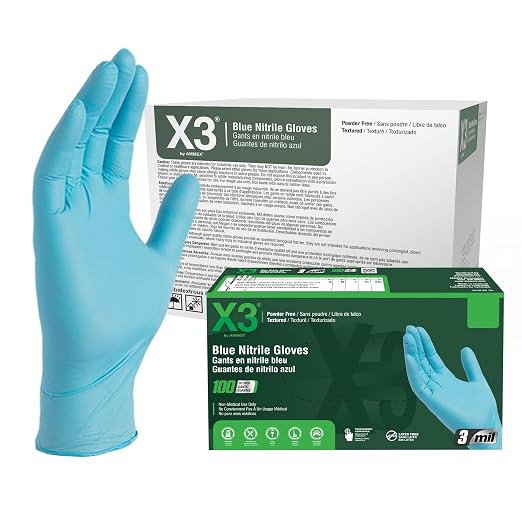 X3 Industrial Blue Nitrile Gloves, Case of 1000, 3 Mil, Size XX-Large, Latex Free, Powder Free, Textured, Disposable, Non-Sterile, Food Safe, X349100