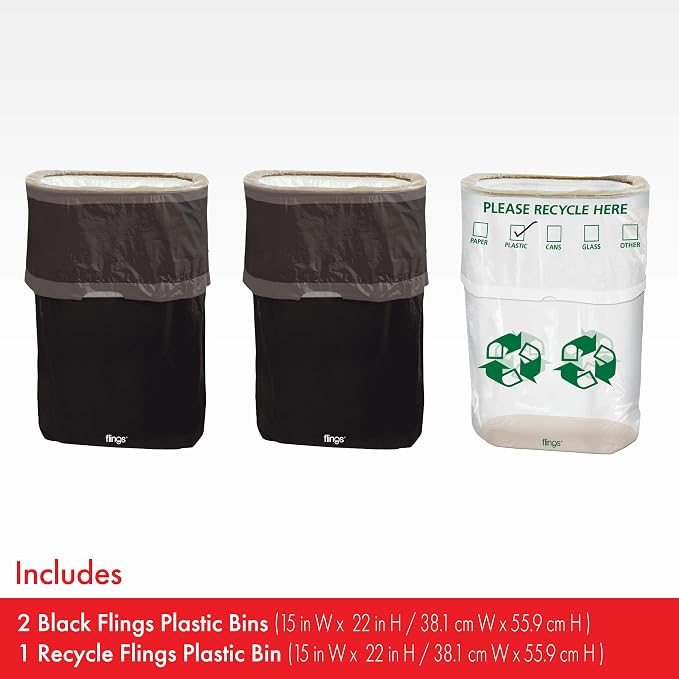 Party City Flings Plastic Bin (3-Pack) - Black (2) and Recycle (1) - 22 x 15 - Stylish & Convenient Portable Waste Solution for Events & Parties