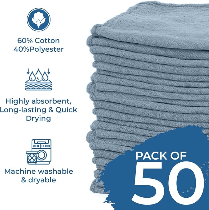 DAN RIVER Shop Towels 12x14 inc 50 Pack Medium Blue Terry Cloth Rags | Washcloths for Cleaning Cars & Household Surfaces Well Absorbent, Reusable Cleaning Rags Washable 60% Cotton 40% Polyester