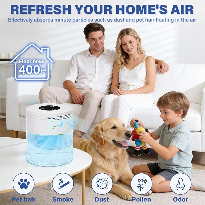 Water Based Air Purifier, Air Purifier with Water for Home Fits Essential Oil Aroma Diffuser for Bedroom,Living Room, Air Washer with 3-Speed Modes,48H Auto Shut-off,Touchscreen for Pets Dust,White