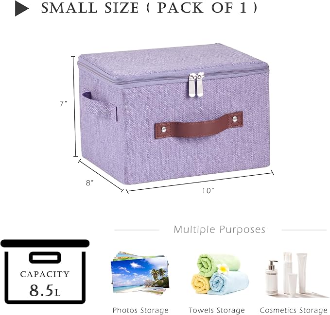 Storage Bins with Zipper Lids Decorative Lidded Baskets Boxes | Clothes Container, Closet Shelf Organizer, Foldable Washable, Cotton Linen Fabric, w/ PU Leather Handles, Purple, Small