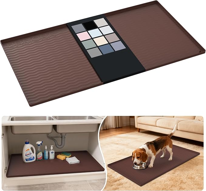 URMONA Waterproof Silicone Under Sink Mat 40'' x 22'' Shelf Liner for Kitchen and Bathroom, Cabinet and Counter Protector, Storage and Organizers, Litter Mat, Pet Cat Puppy Essentials(Brown)