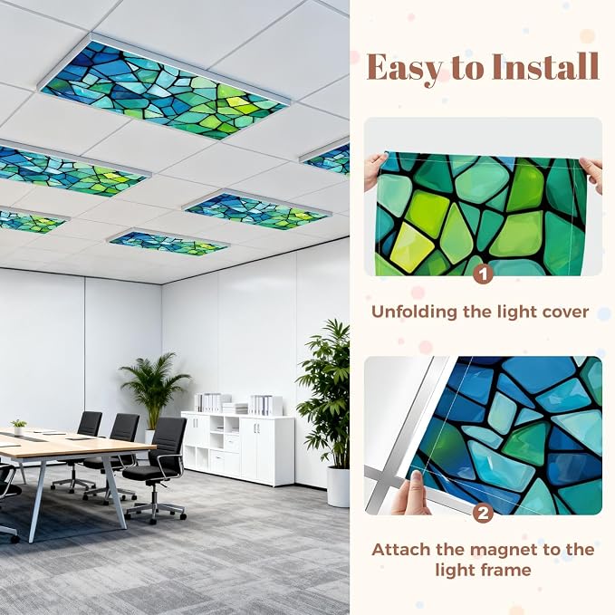 6 Pcs Fluorescent Light Covers for Ceiling Lights abstract stained glass mosaic blue green Magnetic Decorative Shade Filters 4x2 ft for Classroom Office Hospital Decor