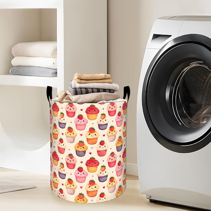 Sweet Cupcake with Strawberry Laundry Basket with Handles, 19.7"x15.7" Clothes Foldable Desserts and Heart Laundry Hamper Organizer for Dorm Nursery Bedroom Bathroom Decor, Toy Storage Bin for Kids