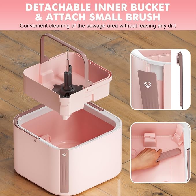Spin Mop and Bucket System Kit, Self-Separating Cleaning Soil, Foldable Square Mop Bucket Head with Washable Interchangeable Mop Pads, Pink (Mop Set with 6PC Pads)