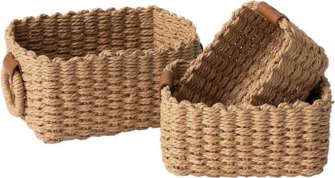 LA JOLIE MUSE Small Wicker Baskets for Organizing, Desert 3 Pack | Decorative Organizer with Vegan Leather Tag, Round Handle, Storage Baskets for Shelves, Bedroom, Kitchen, Office and Home