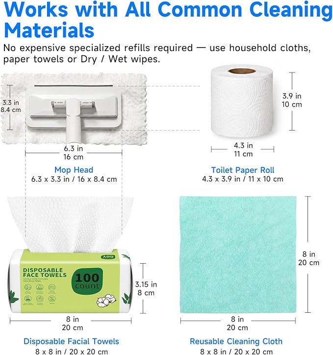 Mini Bathroom Spot Cleaning Mop, Lightweight Small Dust Mop | No-Touch Snap On Grip, Great for Tight Gaps, Fits Paper Towels, Face Cloths & Rags, Glide & Wipe Dirt, Water Stains, 5 Pads