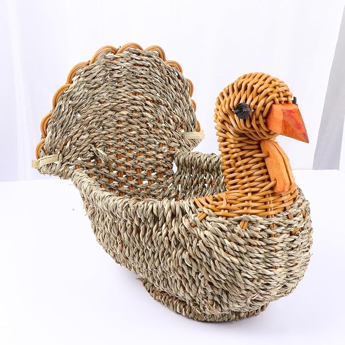BESPORTBLE Woven Turkey Pattern Storage Basket Portable Multifunctional Organizer for Home Sundries Decorative Light Grey Straw Container for Neat and Rustic Housekeeping