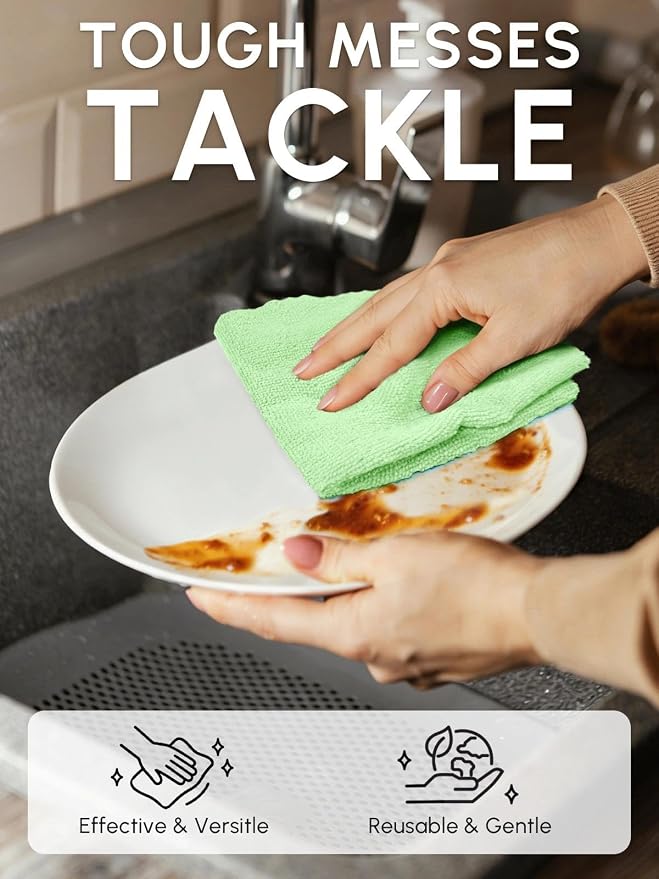 Microfiber Cleaning Cloths Roll 75 Pack 12x12 Inch Lint Free | Tear away design, lint free, washable, scratch free, ultra absorbent, for dish rags and household cleaning, Green color