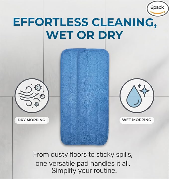 Microfiber Replacement Mop Pad, 18" x 6" Wet & Dry Home & Commercial Cleaning Refills, Reusable Floor Mop Pads (6 Pack) Blue | 6 Pack Microfiber Replacement Mop Pad, 18" x 6" Wet & Dry Home & Commercial Cleaning Refills, Reusable Floor Mop Pads Blue