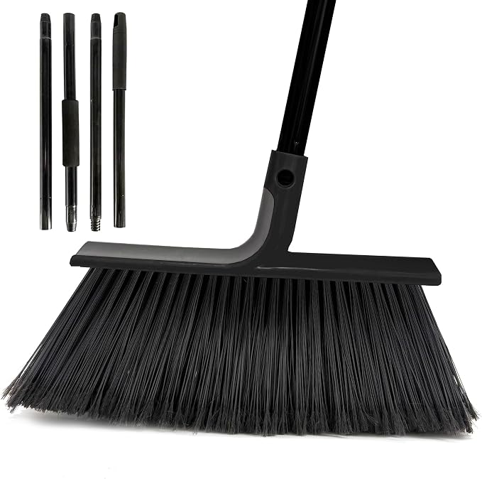 Large Angle Brooms Indoor Outdoor Broom with Long Handle Stiff Bristle Sweeper for Kitchen Garage Deck Courtyard Lobby Patio Lawn Leaves (Black)