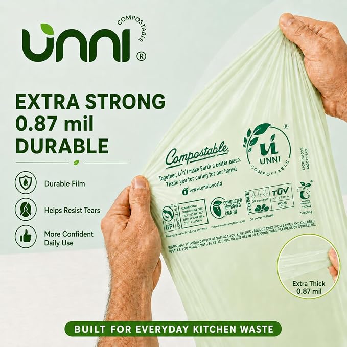UNNI 13 Gallon Compostable Bags with Easy-Tie Handles, 49.2 Liter, 60 Count | Tall Kitchen Compost Bags with a Wide Opening for Pull-Out Bins, 2 Packs of 30, Certified by BPI, CMA & OK compost HOME