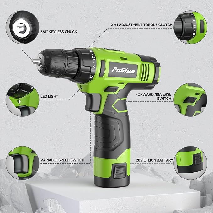PULITUO Drill Set, 149-Piece Home Tool Set with Green 12V Cordless Drill, Tool Box, Hand Tool Kits for Women & Men and DIY Enthusiasts, for Home Improvement