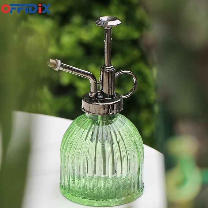 OFFIDIX Glass Plant Mister, Vintage Style Spray Bottle 6.7oz Light Green | 6.3" Tall, Spritzer Bronze Plastic Top Pump, 200ml One Hand Watering Can Indoor, Glass Spray Bottle for Garden Small Plant