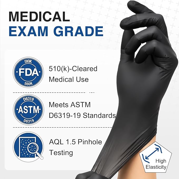 Schneider Black Nitrile Gloves, Gloves Disposable Latex Free, Powder Free | 2.5-Mil, Medical Exam Glove, Food Safe Gloves, Cooking Gloves, Cleaning Gloves