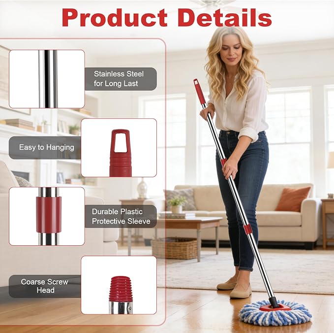 Spin Mop Replacement Head Set for O Ceda Mop RinseClean 2-Tank System | Include 3 Pack Mops Heads Replacements + Scrub Brush + 30-58" Handle & Base, Microfiber Mops Head Floor Mop Refill Kit