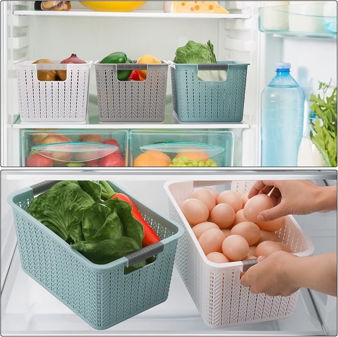Lawei 9 Pack Plastic Storage Baskets, 10.5 x 7.1 x 5.5 Inch Weave Storage Bins with Handle, Plastic Shelf Organizer Basket for Home Cabinet, Pantry Storage Bins for Toys, Classroom, 3 Colors