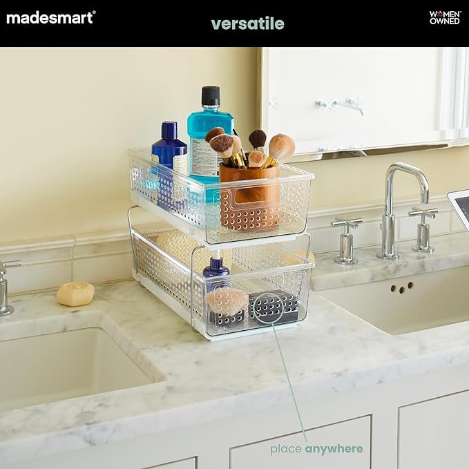 madesmart Premium Two Tier Organizer, Clear | pull out bins, adjustable dividers, tiered access, cleaning supplies, under sink use, pantry bottles, woman owned