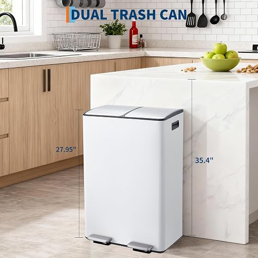 Garvee 16 Gal Dual Compartments Kitchen Trash Can, Stainless Steel, White | 2 x 30L Double Trash and Recycle Bin Combo, Removable Inner Bucket, Soft Close Lids, Metal Step Pedals, for Home Office