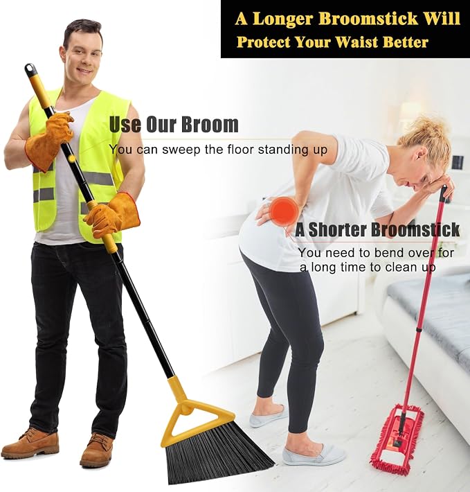 Heavy Duty Broom Outdoor and Indoor, 3 Pack Upgraded Commercial Angle Brooms, Perfect Yellow Broom of House, Kitchen, Garage, Courtyard
