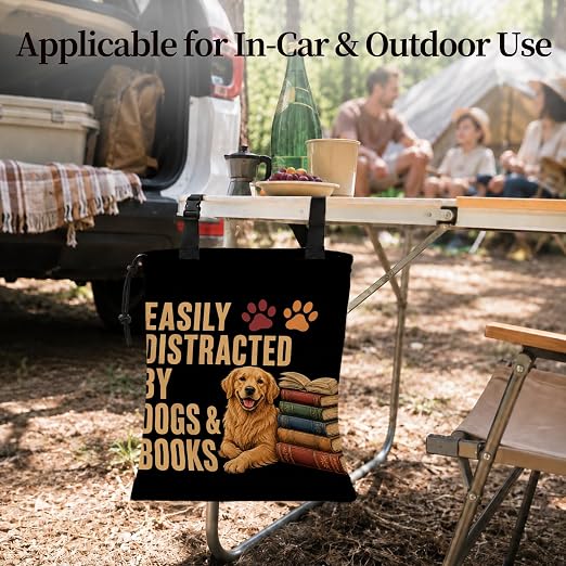 Golden Retriever Book Car Garbage Bag Canvas Trash Can | Easily Distracted by Dogs and Books Drawstring Car Trash Bag Hanging for Back Seat with Adjustable Buckle