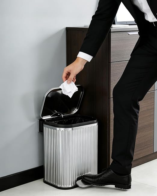 Soft-Close Step Trash Can – Stainless Steel Indoor Recycling Bin, Fluted Rectangular Design, Removable Inner Bucket, Waste Container for Bathroom, Kitchen, Office