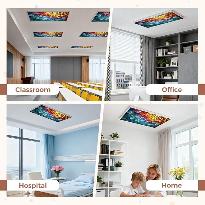 4 Pack Fluorescent Light Covers for Ceiling Lights ocean waves Colorful stained glass window Abstract stained glass Art Decorative Magnetic Light Cover Light Filters for Classroom Office Home