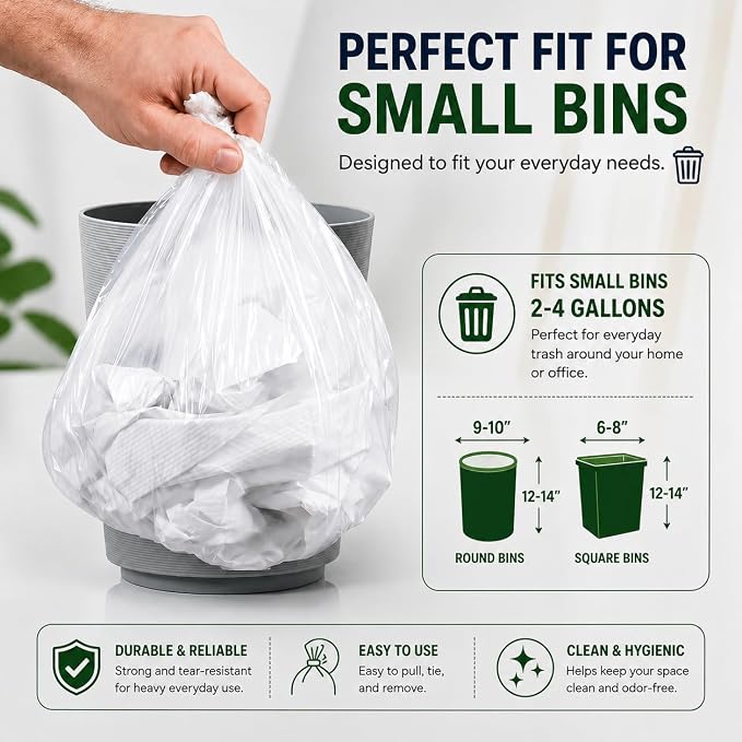 Small Trash Bags 3 Gallon Garbage Bags (440 Count) Bathroom Clear Plastic Wastebasket Can Liners Fits 2 Gallon 4 Gallon for Home and Office Bins (440 Bags)