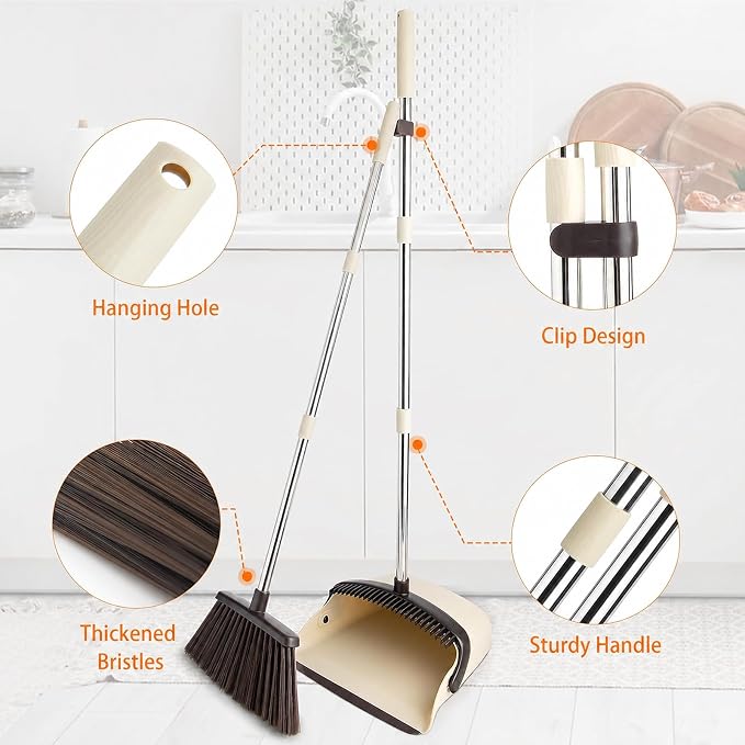 Broom and Dustpan Set, Dustpan Combo with 51" Stainless Steel Long Handle Brooms with 5-Layer Soft Bristles for Home Office Kitchen Bathroom(Beige)