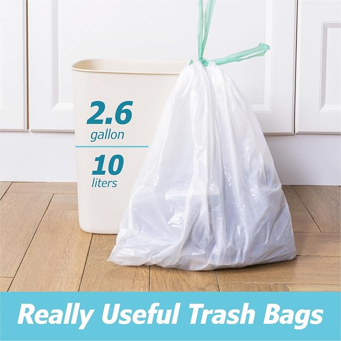 2.6 Gallon Drawstring Trash Bags - 0.43 Mil Strong - Small Garbage Bags - for Office Bathroom Kitchen - Individual, Unscented, White, 17" x 17", 60 Count