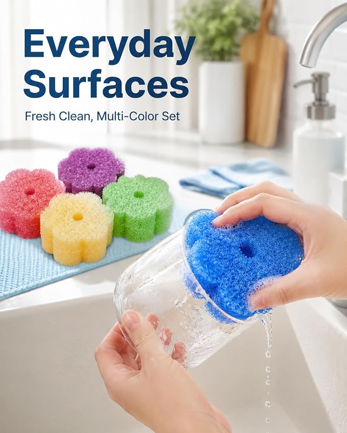 Scrub Flower Temperature-Sensitive Non-Scratch Dish Sponges, 6 Count | Firm in cold water for tough messes, soft in warm water for gentle cleaning; odor-resistant colors separate kitchen tasks.