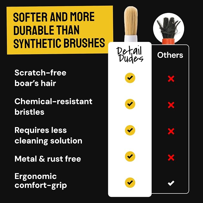 Car Detailing Brush Set 3-pc, Car Detailing Kit Interior by Detail Dudes | Boar Hair Detailing Brushes - Exterior & Interior Soft Bristle Cleaning Brushes - Car Accessories for Wheels, Leather & Trim