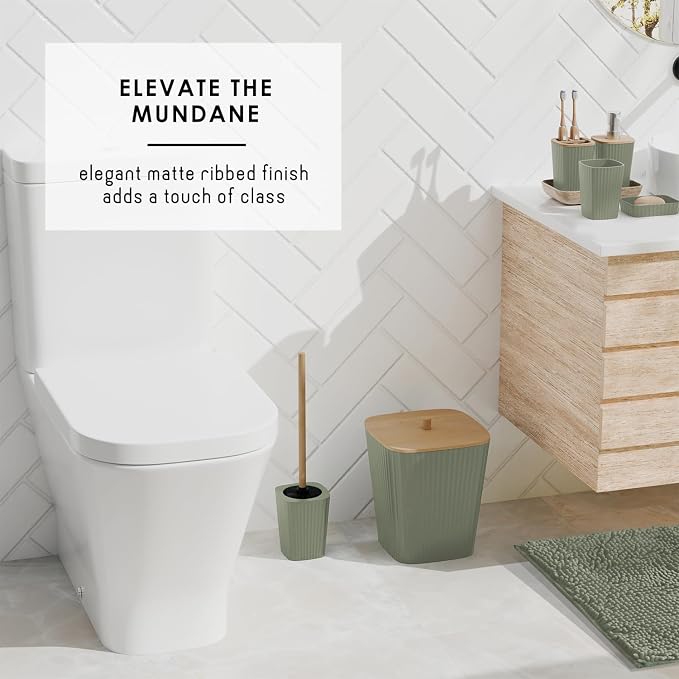 Clara Clark Bathroom Set - Sage Green Bathroom Accessories Set, 6PC Bathroom Accessory Set, Bathroom Sets with Bathroom Rugs, Adhesive Corner Shower Caddy Hanging, Toilet Brush & Trash Can