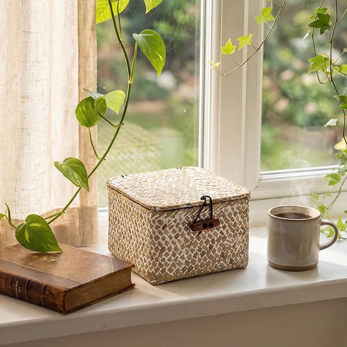 Hipiwe Small Seagrass Basket with Lid Handwoven Decorative Shelf Basket Mini Wicker Storage Box Multipurpose Desktop Organizer for Key Hair Ties, Whitewash 4.7" x 4.7" x 3"