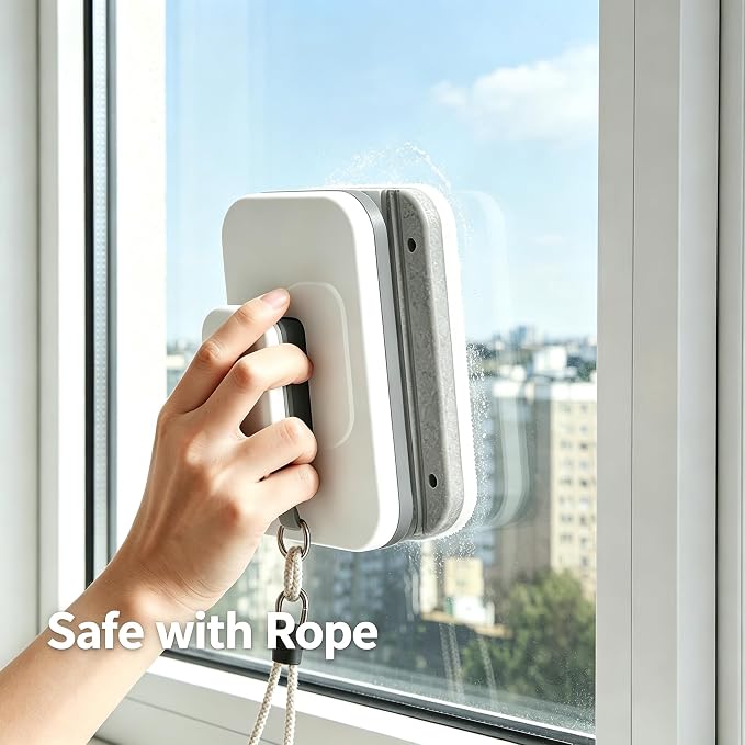Magnetic Window Cleaner - Double Sided Magnetic Window Washer with Large Grip & Safety Rope - Strong Magnet Glass Cleaner for 3-10mm Windows - Household Cleaning Tool