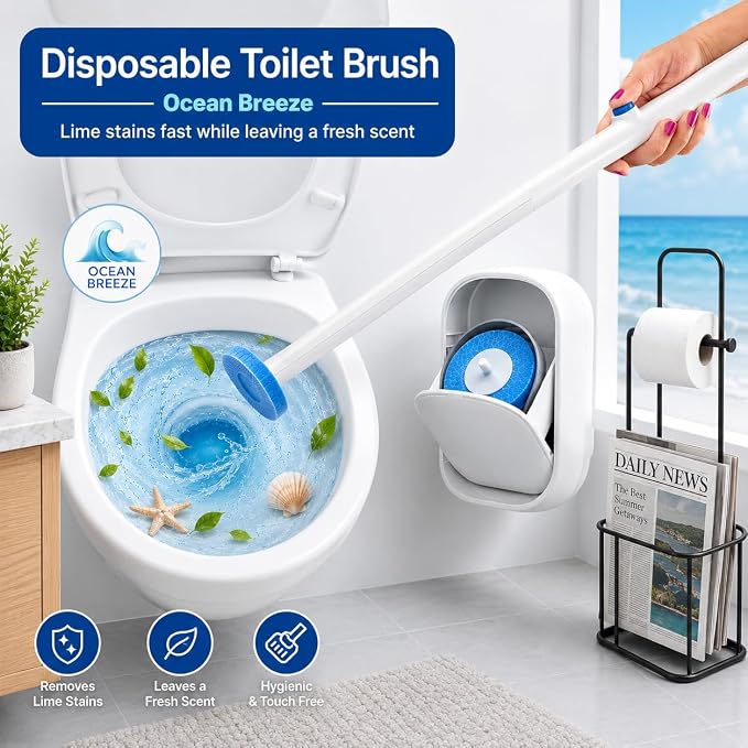 CiLoN Disposable Toilet Brush, Toilet Wand Cleaning System, Bowl Scrubber | Flip-Top Hands-Free Wall-Mounted Toilet Bowl Brush & Holder with Disposable Cleaning-Fluid Scrubbing Pads for Hygienic Use