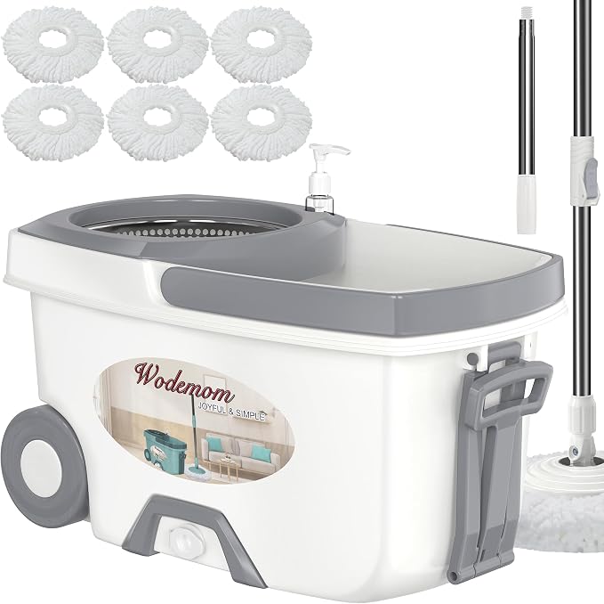 Traditional Large Spin Mop and Bucket, 2 Gal Capacity, White | 2 Rolling Wheels, Pull Handle, 61-Inch Handle, 6 Mop Heads, Easy Wringing, For Family Homes, Hardwood, Laminate & Tile Floors