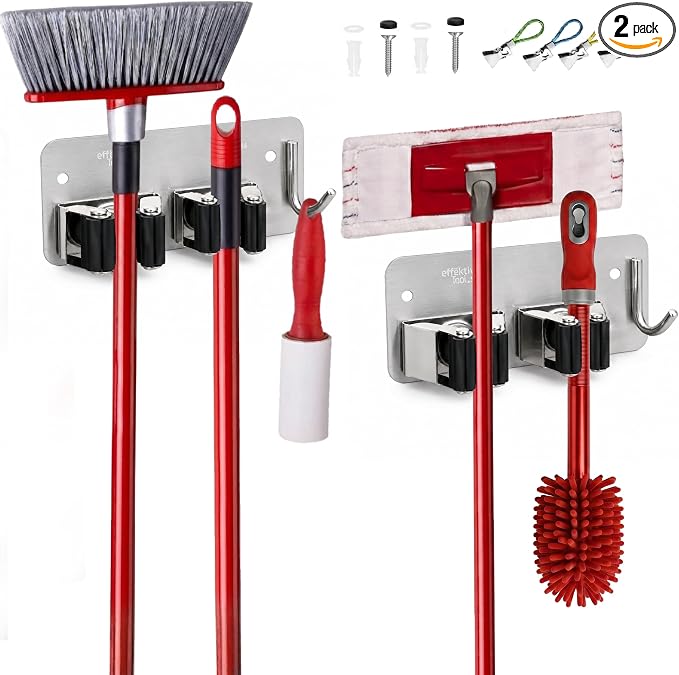 2 Pack Wall Mount Hanger for Brooms & Mops - Heavy Duty Adhesive Stainless Steel Utility Holder for Mops & Brooms, 2 Clamps, 1 Hook, & 4 Towel Hangers for Cleaning Organization & Storage