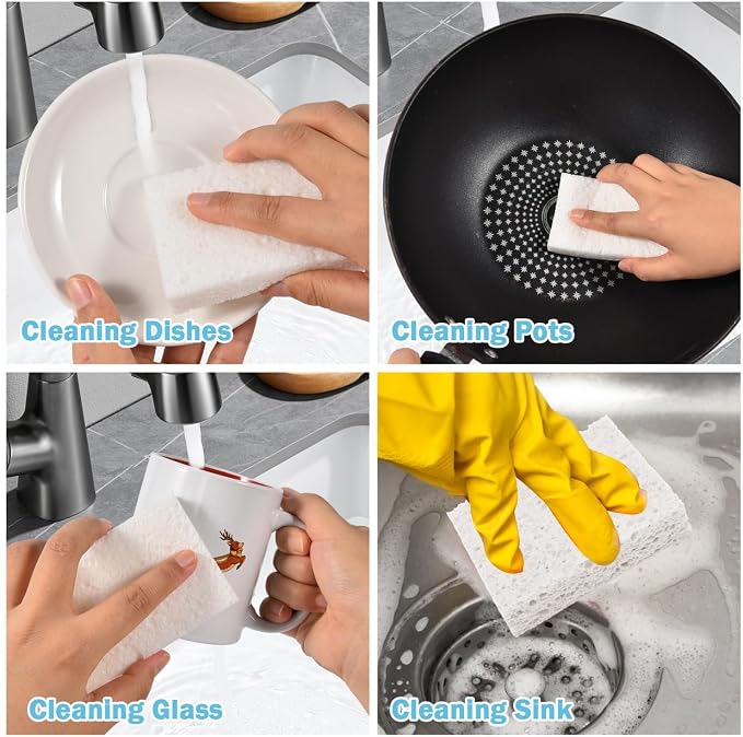 YoleShy 48 Pack White Sponges Kitchen Natural Compressed Cellulose Sponges for Dishes Bulk Non Scratch for Household Cookware Bathroom Cars Soft Super Absorbent Reusable