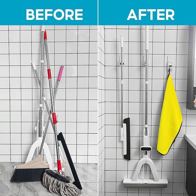 Broom Holder Wall Mount, 2 Pack Self Adhesive Mop Organizer Wall Hanging | No Drilling, Anti-Slip Broom and Mop Hanger Wall Mount Cleaning Ideal for Bathroom, Kitchen, Garden, Garage