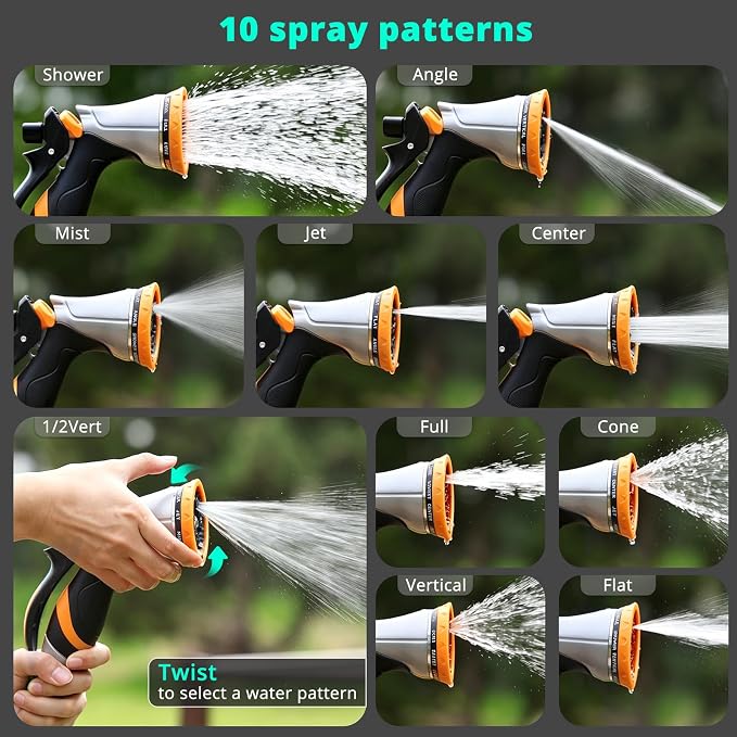 QUOBAS Metal Garden Hose Nozzle, Heavy Duty Water Hose Sprayer, Leak Proof | 10 Pattern Water Nozzle with Rubber Gasket, Garden Sprayer for Watering Plants, Washing Cars, Pet Shower, Orange