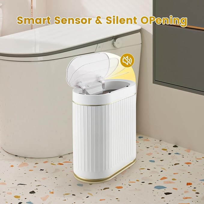 ELPHECO Slim Bathroom Trash Can with Lid, 2 Gallon White Golden | Smart Garbage Can, Plastic Wastebasket, Narrow Garbage Bin, Waterproof Bathroom Decor for Bedroom