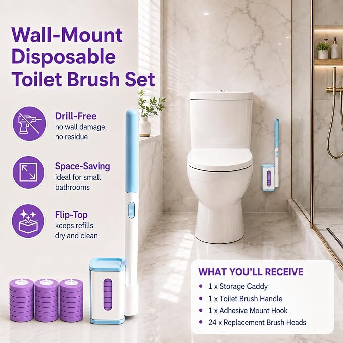 Disposable Toilet Bowl Cleaner Wand with Holder Set, Wall-Mounted | Hands Free Toilet Scrubber Wand, Bathroom Cleaning Supplies, 1 Wand and Holder with 24 Purple Refills, Light Lavender Scent