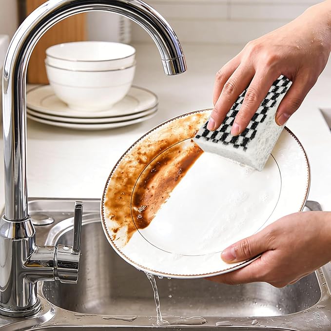 Scratch Scrub Sponge, 6 - Pack Kitchen Sponges for Cleaning Around the Home, Bathroom & More, Large Size Scratch-Free Dish Scrubber, Best for Nonstick Pots and Pans (4" x 6" x 1", Black+White)