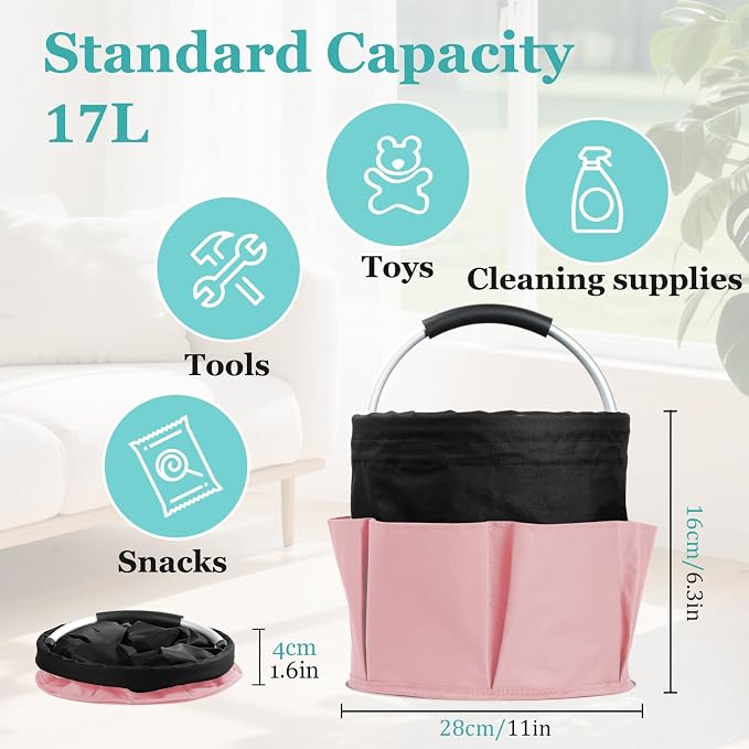 WOOHA Portable Cleaning Organizer, 17L Cleaning Bucket, Collapsible Shower Caddy with 6 Pockets for Cleaning Supplies, Bathroom, Kitchen, RV, Dorm, Garden, Black with Pink